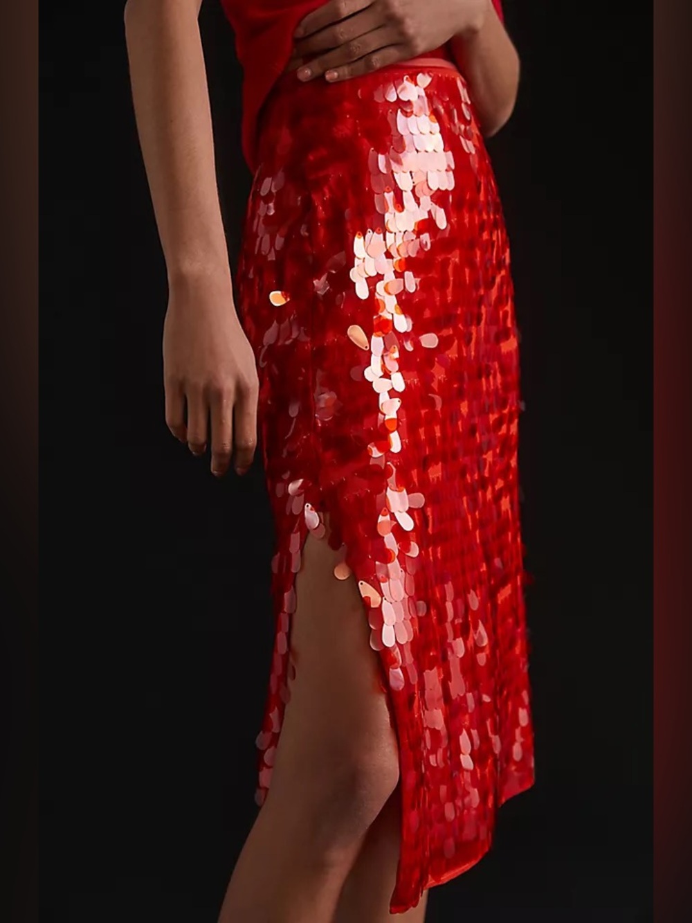 Anthropologie Maeve Red Sequined Midi Skirt Size 12